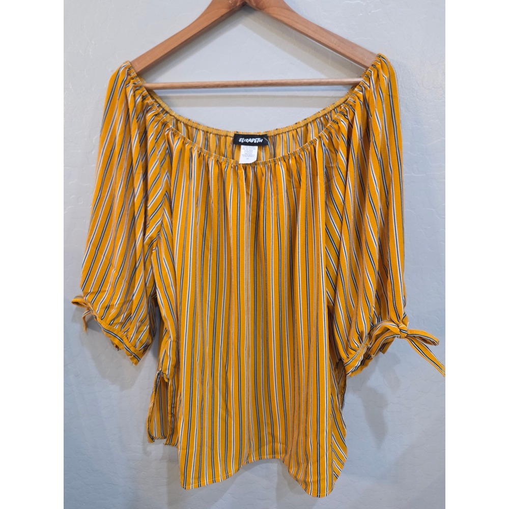Elizabeth Mustard Yellow Striped Off Shoulder Tie Sleeve Blouse 2XL 80166-X Top